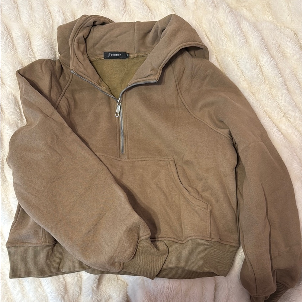 Tan Fleece Hoodie with Half-Zip and High Collar